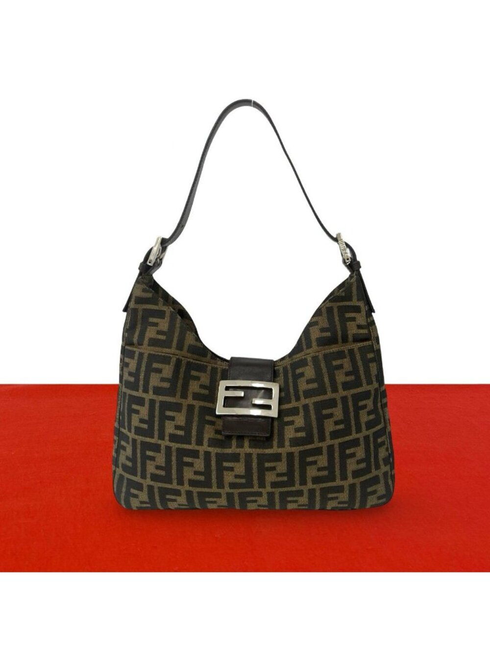 Fendi Vintage Zucca FF Logo Pattern Canvas Leather Shoulder Bag Brown